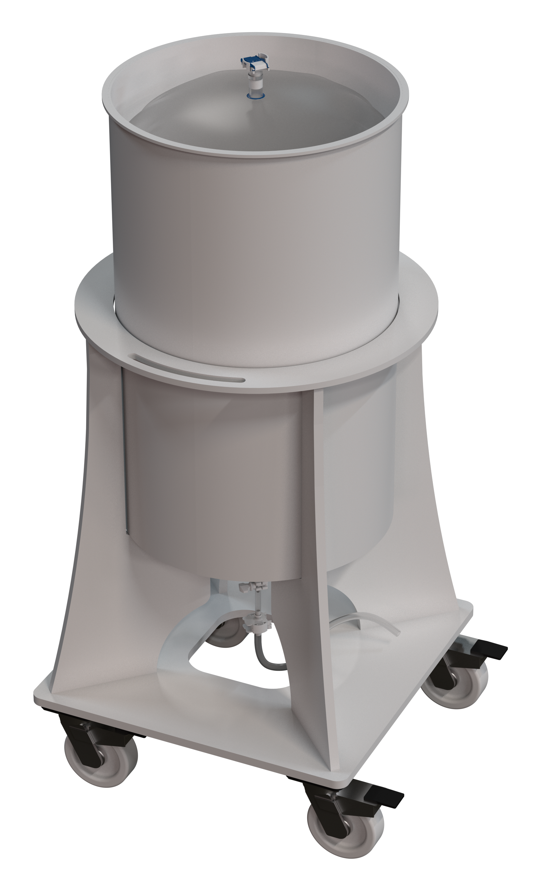 A round 200L drum on casters with custom 3D bag inside with top and bottom ports, a custom fabricated cylindrical containment solution.